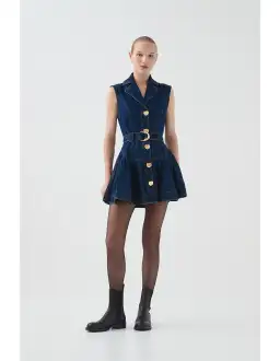 Aje Elena Belted Denim Mini Dress in Dark Classic Wash Size 