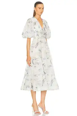 Zimmermann Pleated Midi Dress Blue Birds Size AU 14