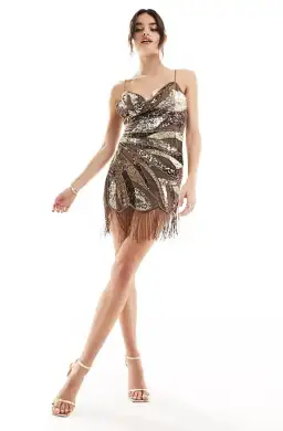 ASOS Design Embellished Wrap Mini Dress Fringe Beaded Hem Chocolate Size AU 6