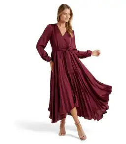 Forever New Ellery Pleated Wrap Midi Dress in Blackcurrant Size AU 6