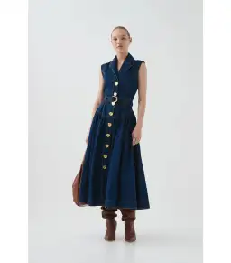 Aje Elena Belted Denim Midi Dress Dark Classic Wash Size AU 8
