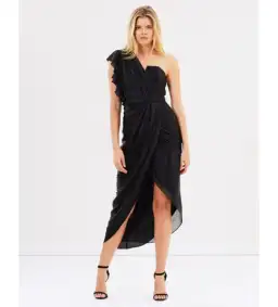 Shona Joy Cassis One-Shoulder Bustier Draped Midi Dress Black Size AU 6