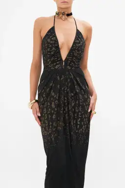 Camilla Mosaic Muse V Neck Gathered Jersey Dress Midi Black (XL/AU16) for rent on The Volte - image 5