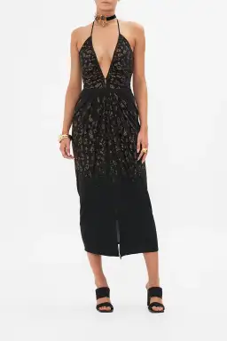 Camilla Mosaic Muse V Neck Gathered Jersey Dress Midi Black (XL/AU16) for rent on The Volte - image 1