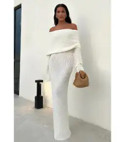 Meshki Marisol Off Shoulder Boucle Maxi Dress in Ivory Size XS / AU 6 for rent on The Volte - image 1