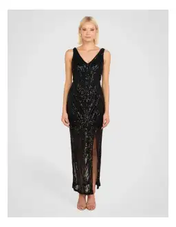 Pilgrim Saige V Neck Sequin Gown in Black Size 14