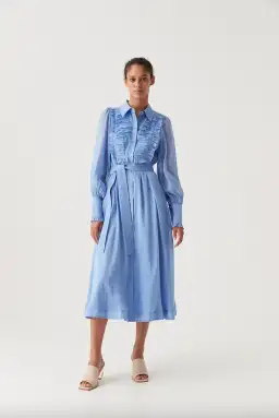 Aje Iris Pleated Bib Midi Dress Mist Blue Size AU 10