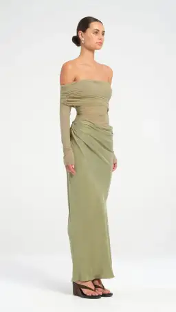 Benni Yasmin Off Shoulder Maxi Dress in Pistachio Size AU 8 for rent on The Volte - image 2