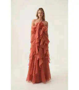 Aje Pandorea Layered Maxi Dress in Coral Clay Size AU 6