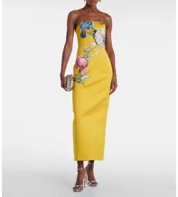 Leo Lin Rayna Applique Floral Bustier Midi Dress in Mustard Size 8 for rent on The Volte - image 1