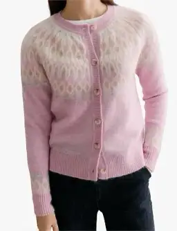 Trenery Fair Isle Jacquard Crew Cardigan in Pink Size L/14
