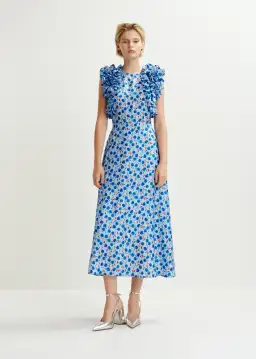Essentiel Antwerp Essentiel Silk Print Ruffle Midi Dress in Blue Floral Size 10