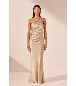 Shona Joy La Lune Gathered One Shoulder Maxi Dress Gold Size AU 16 for rent on The Volte - image 1