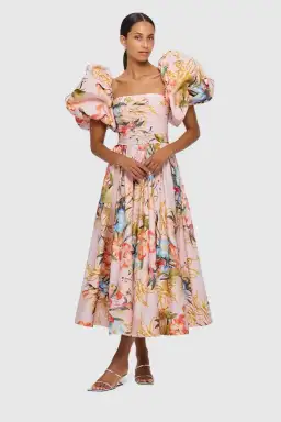 Leo Lin Matilda Puff Sleeve Midi Dress Opulent Print in Blush Size 14 for rent on The Volte - image 4