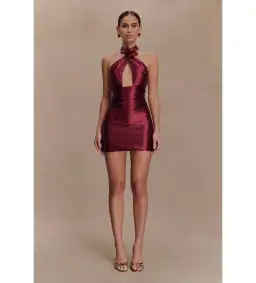 Meshk Nylah Beaded Halter Mini Dress Burgundy Size 6 for rent on The Volte - image 1