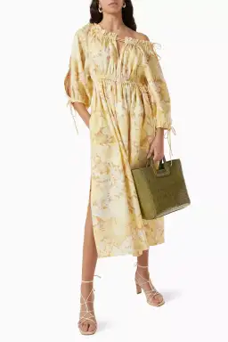 Oroton Garden Floral Midi Linen Dress In Sugarcane Size 6 for rent on The Volte - image 1