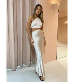 Bec & Bridge Kara Halter Maxi Satin Cut-out Dress in Sand Size AU10
