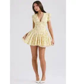 House Of CB Imani Buttercup Pleated Cotton Mini Dress Vintage Floral Print Size 8