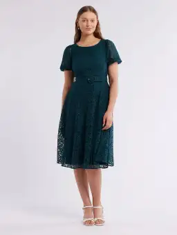 Review Emerald Short Puff Sleeves Avette Lace Knee Length Dress Green Size 12