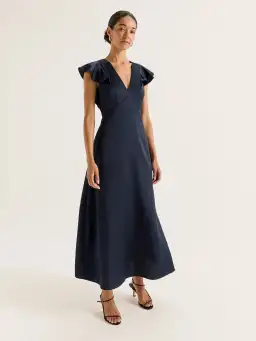 Review Montreal Flounce Sleeve Satin Maxi Dress Navy Size 12 for rent on The Volte - image 1