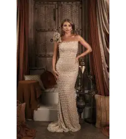 Gold Couture Hana Pearl & Swarovski Beaded Ruffle Shoulder Gown Gold Size AU 12