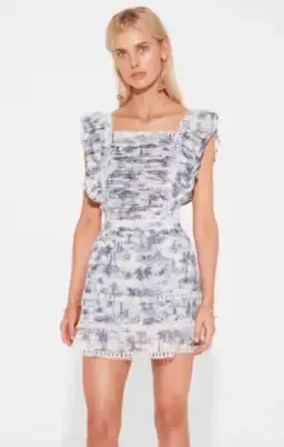 Sir The Label Dahlia Linen Ruffle Mini Dress Blue Palm Tree Print Size AU 12