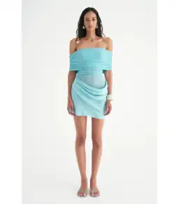 Benni Nico Off Shoulder Mini Dress in Aquamarine Size AU 6