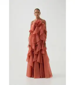 Aje Pandorea Layered Maxi Dress Coral Clay Size AU 8