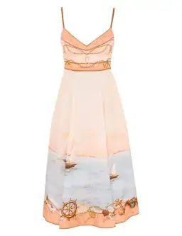 Zimmermann Scarborough Picnic Midi Dress in Peach Nautical Map Size 10 