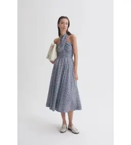 Scanlan Theodore Linen Printed Halter Midi Dress Blue White Size AU 6 for rent on The Volte - image 1