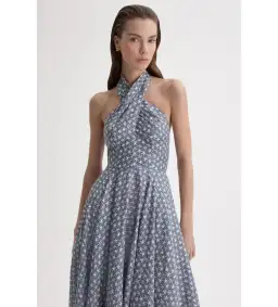 Scanlan Theodore Linen Printed Halter Midi Dress Blue White Size AU 6 for rent on The Volte - image 6