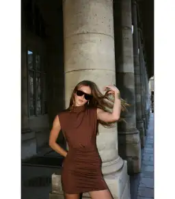 With Harper Lu Structured Shouldered Mini Dress Cafe Brown Size AU 12 for rent on The Volte - image 7