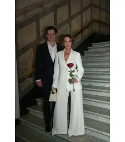 Carla Zampatti Crepe Long Line Jacket and Wide Waisted Pant Set Ivory Size AU 6