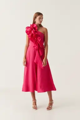 Aje Adelia Ruffle Midi Dress in Bougainvillea Red Size AU 6