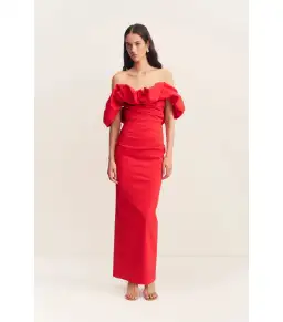 Shona Joy Campbell Off Shoulder Bubble Maxi Dress Goji Size AU 8