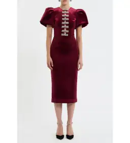 Rebecca Vallance Edwiena Puff Sleeve Bow Midi Dress Red Size 12 for rent on The Volte - image 1