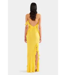 Venroy Asymmetric Low Back Silk Ruffle Dress Yellow Gold Size AU 8 for rent on The Volte - image 5