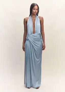 Courtney Zheng Selene Plunge Jersey Maxi Gown Blue Size AU 8