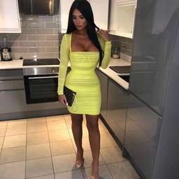 House of CB Valentina Chartreuse Long Sleeve Ruched Organza Mini Dress Yellow Size 6