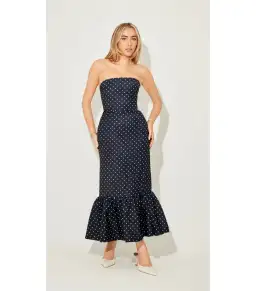 Odd Muse Strapless Peplum Midi Dress in Navy Polka Dot Size M / AU 10 for rent on The Volte - image 1