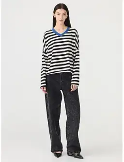 Bassike Stripe Boxy V Neck Long Sleeve T-Shirt Black Size 10