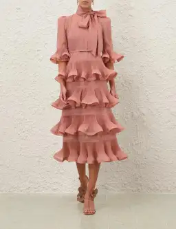 Zimmermann Pleated Sleeved Midi Dress Size 0/ 8-Lipstick Pink for rent on The Volte - image 1