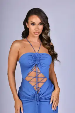 Lattice Waist Midi Dress - Blue for rent on The Volte - image 4