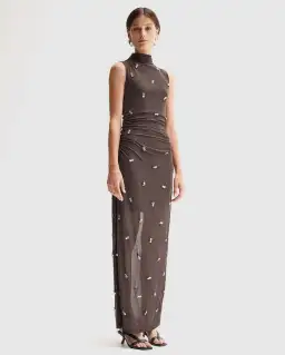 Elka Collective Elara Brown Mesh Beaded Maxi Dress for rent on The Volte - image 5