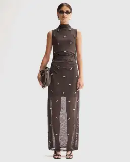 Elka Collective Elara Brown Mesh Beaded Maxi Dress for rent on The Volte - image 1