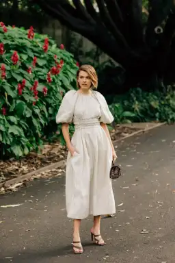 AJE Euphoria Linen Puff Sleeve Cut Out Stone Midi Dress  for rent on The Volte - image 5