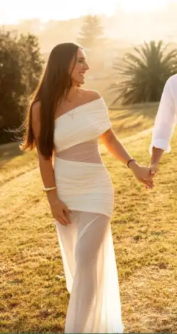 Meshki Ivory One-Shoulder Sheer Maxi Dress Size Small for rent on The Volte - image 1