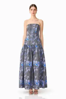 Allana Jacquard Strapless Gown in Black & Blue Floral for rent on The Volte - image 2
