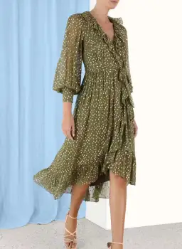 Zimmermann Lurex Wrap Midi Dress in Khaki, Size 3 or 12/14 for rent on The Volte - image 1