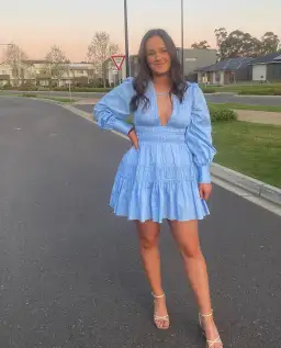 Aje Fallingwater Gathered Mini Dress size 8 Blue for rent on The Volte - image 4